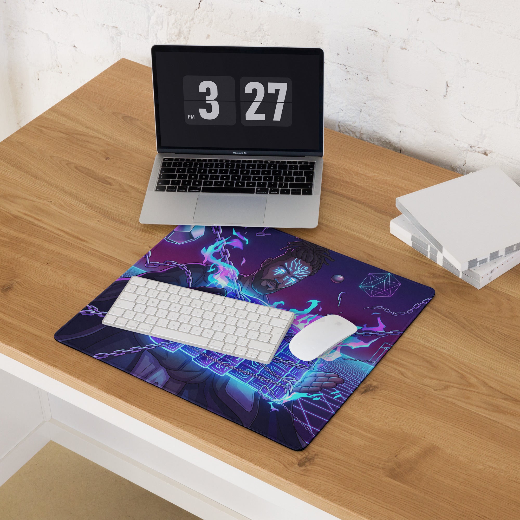 Neon vaporwave warrior gaming mouse pad with vibrant purple and blue neon colors featuring futuristic character design