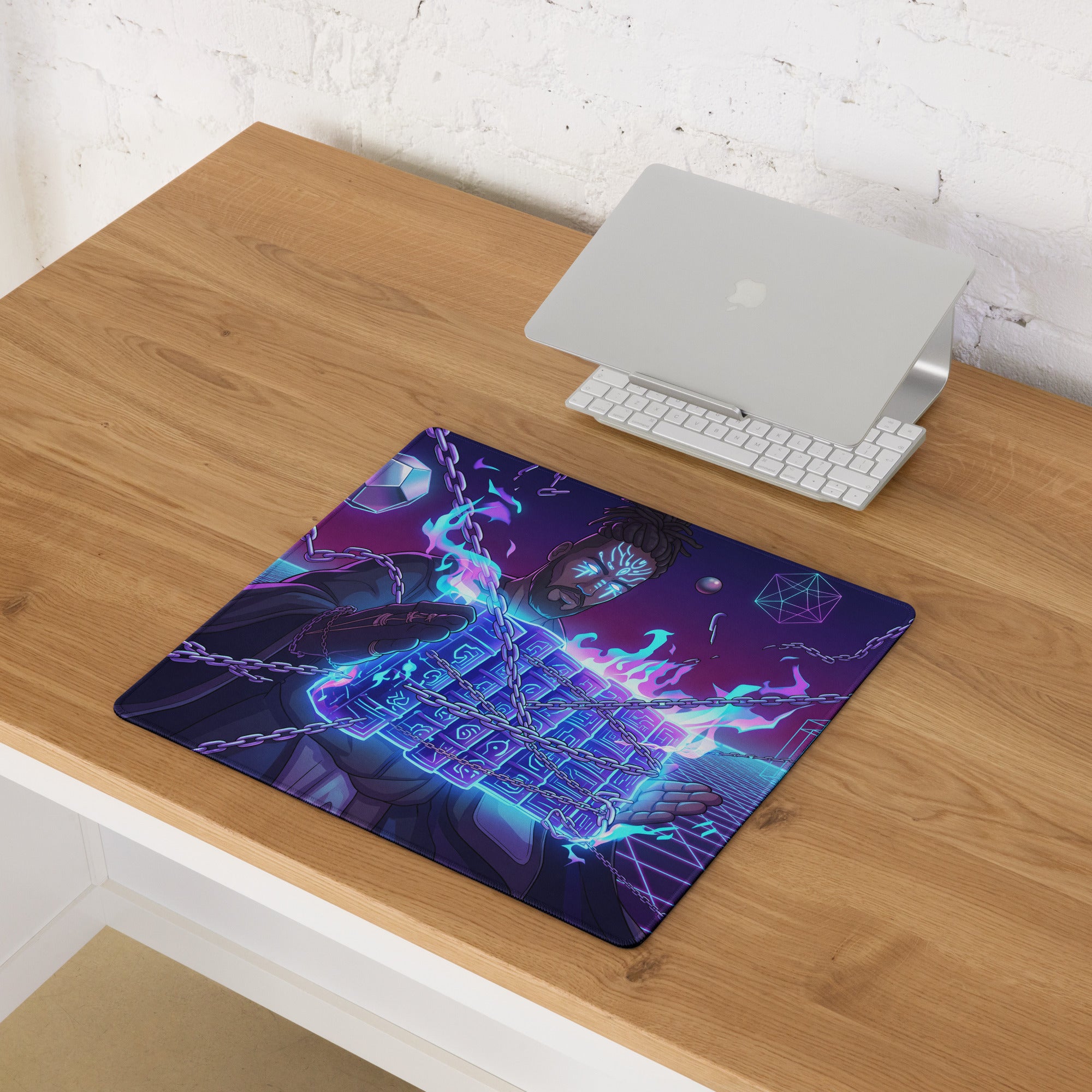Vibrant purple and blue neon vaporwave warrior gaming mousepad with fantasy character design for desk decor