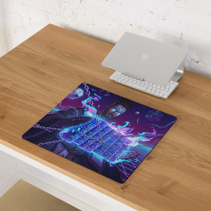 Vibrant purple and blue neon vaporwave warrior gaming mousepad with fantasy character design for desk decor