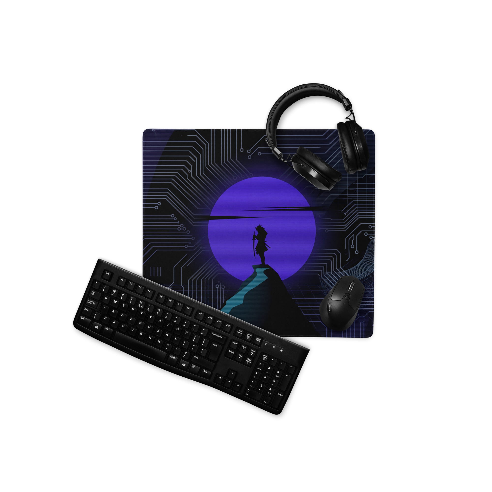 Black keyboard with sleek modern design and matte finish featured with vaporwave neon circuit mouse pad purple desk set