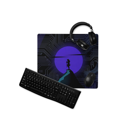 Black keyboard with sleek modern design and matte finish featured with vaporwave neon circuit mouse pad purple desk set