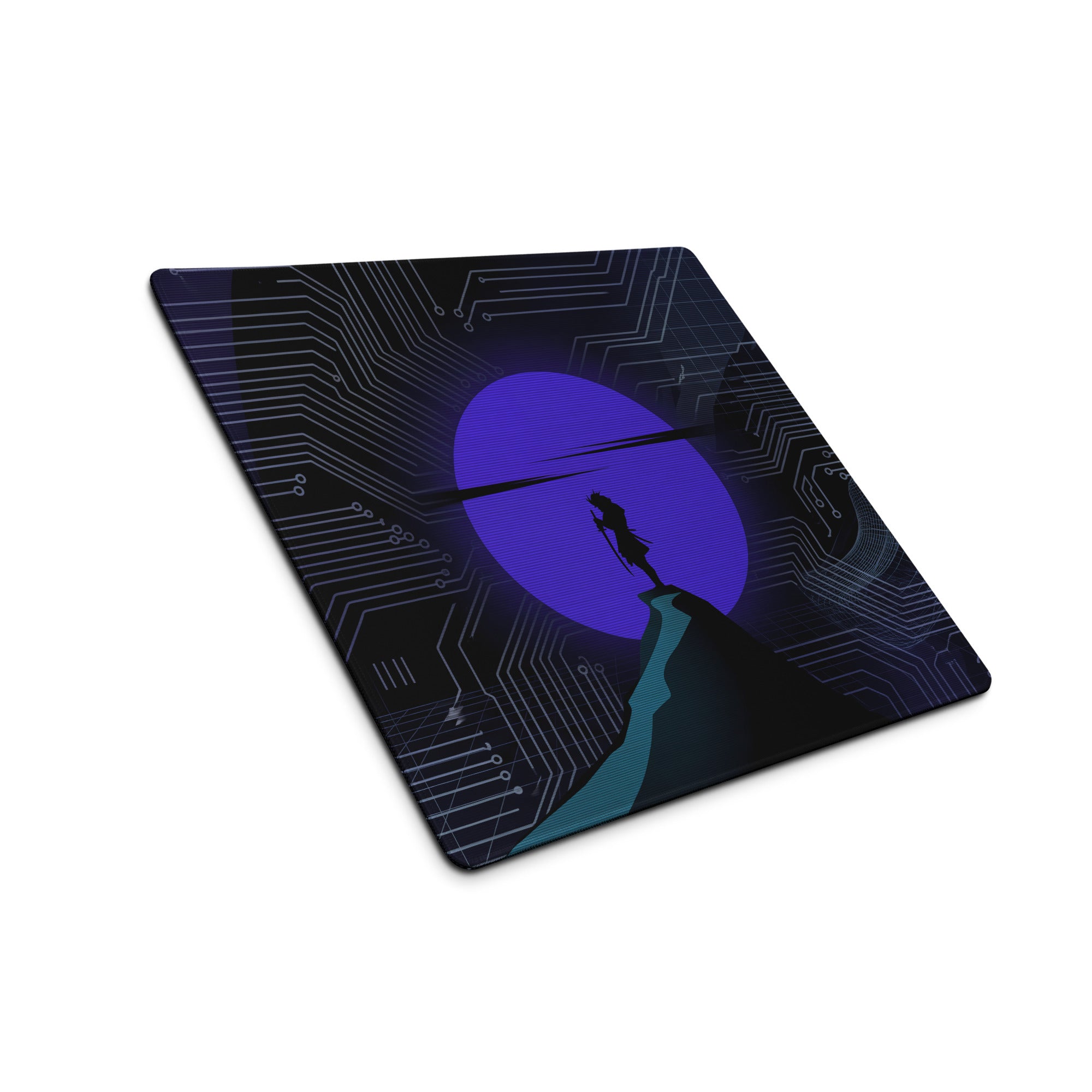 A sleek rectangular vaporwave neon circuit mouse pad with dark blue black design and glowing purple circular motif