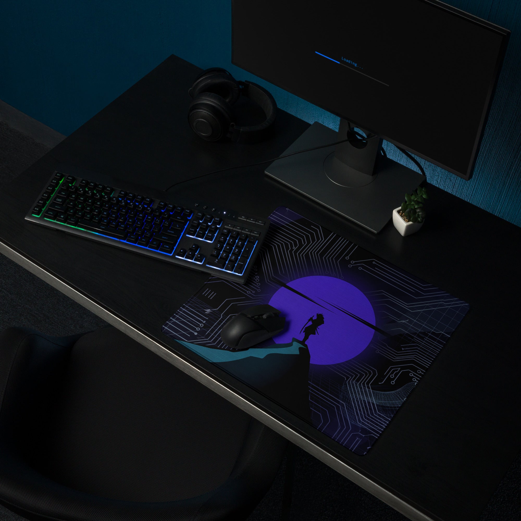 Purple vaporwave neon circuit mouse pad with glowing moon and silhouette on cliff for gaming and digital use