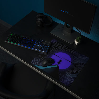 Purple vaporwave neon circuit mouse pad with glowing moon and silhouette on cliff for gaming and digital use