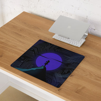 Black mousepad with purple circuit board and silhouette on cliff against glowing purple circle for vaporwave gaming