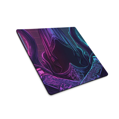 Vaporwave neon gaming mouse pad with neon purple teal abstract design and glossy finish for desktop setup