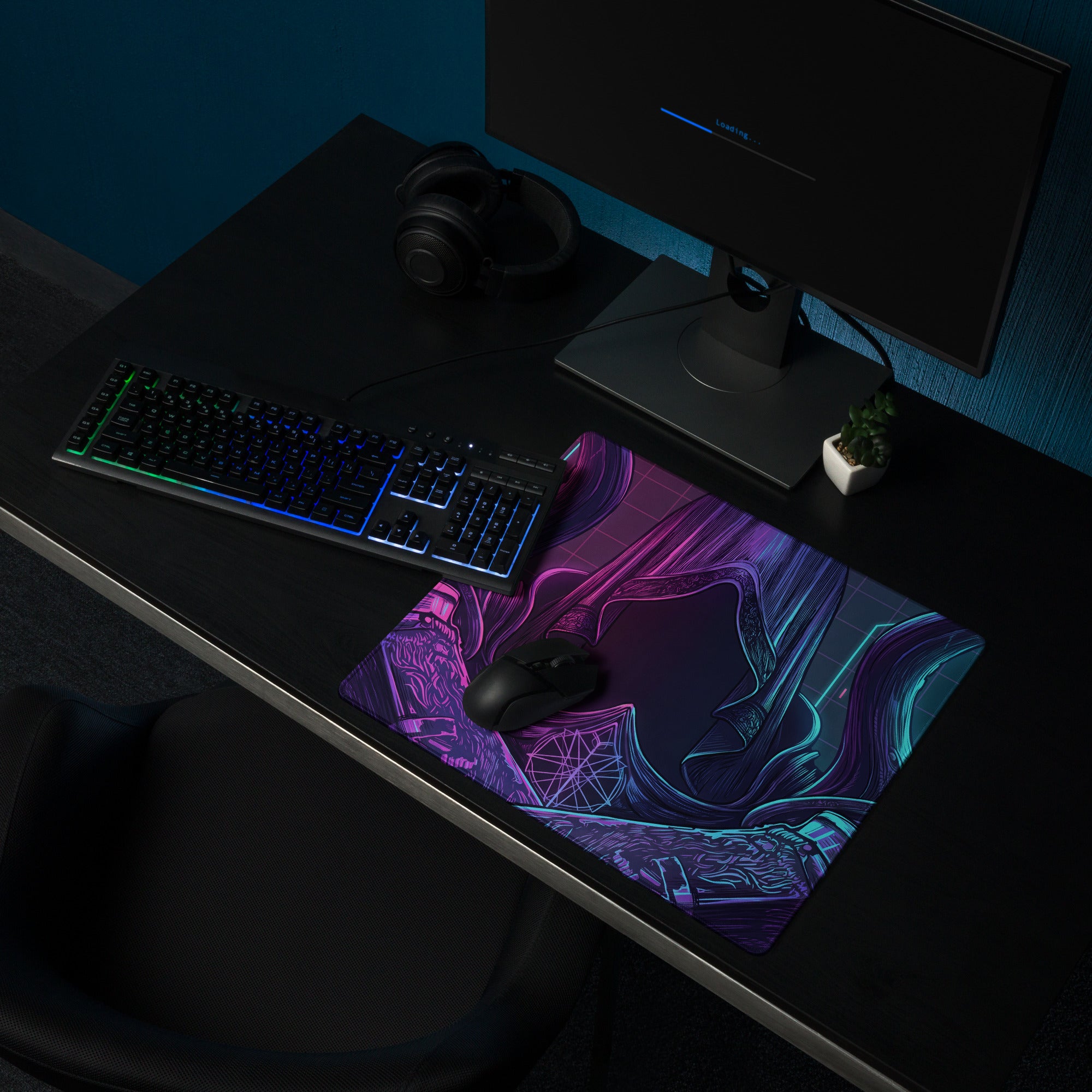 Vaporwave neon gaming mouse pad with vibrant neon purple and teal abstract design and sleek glossy surface
