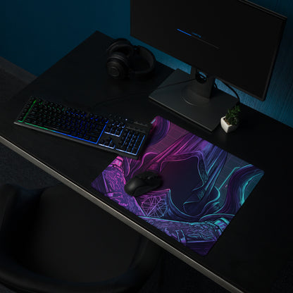 Vaporwave neon gaming mouse pad with vibrant neon purple and teal abstract design and sleek glossy surface