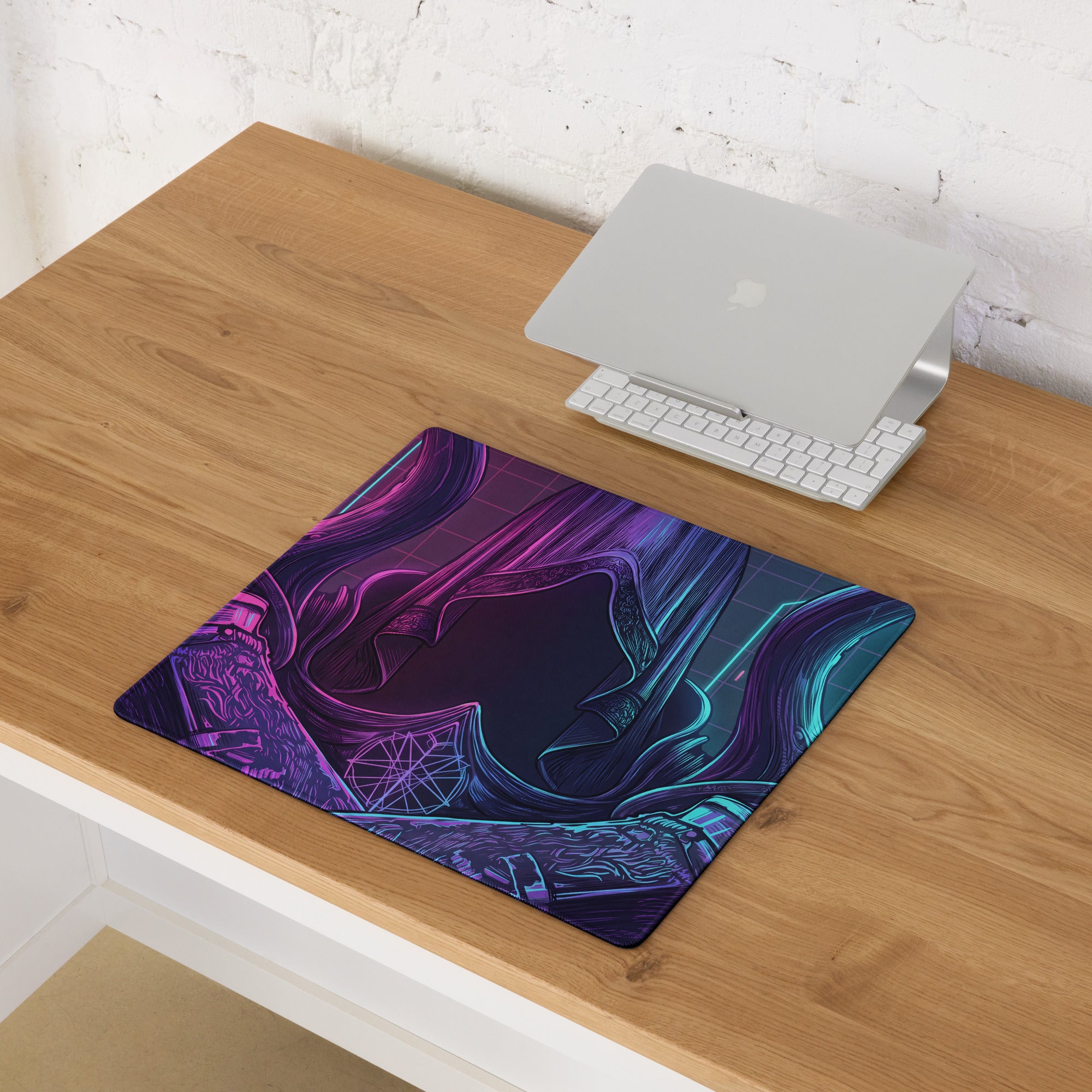 Vaporwave neon gaming mouse pad with vibrant neon purple teal abstract design for desktop gaming setup