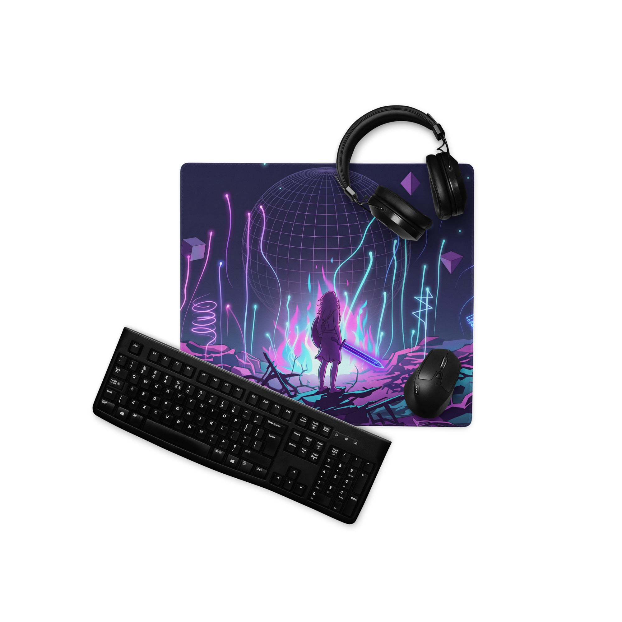 Navy blue neon vaporwave mouse pad with cyberpunk anime figure glowing purple and cyan lines for gaming desk use