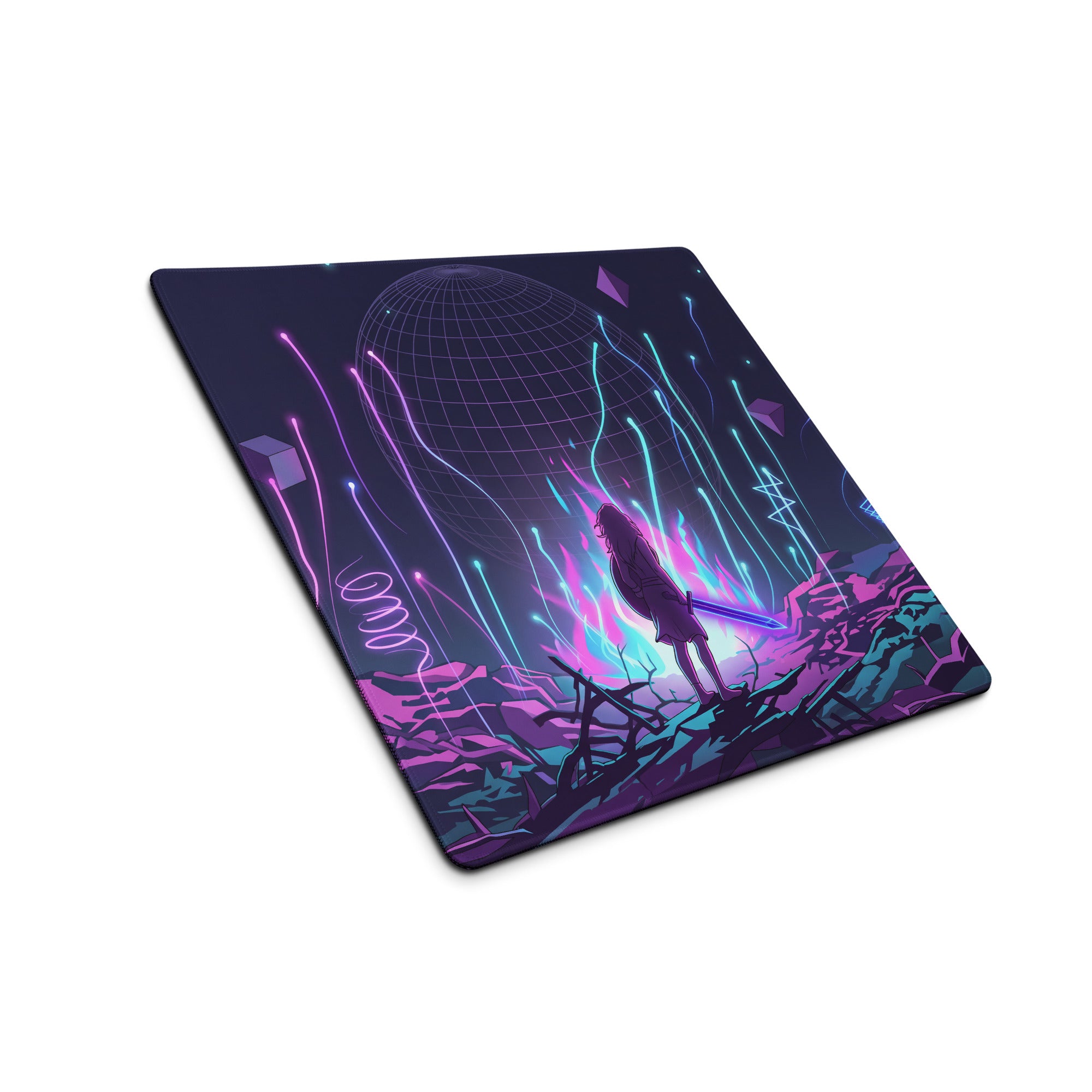 Navy blue rectangular neon vaporwave mouse pad with vibrant glowing pink purple and cyan cyberpunk design