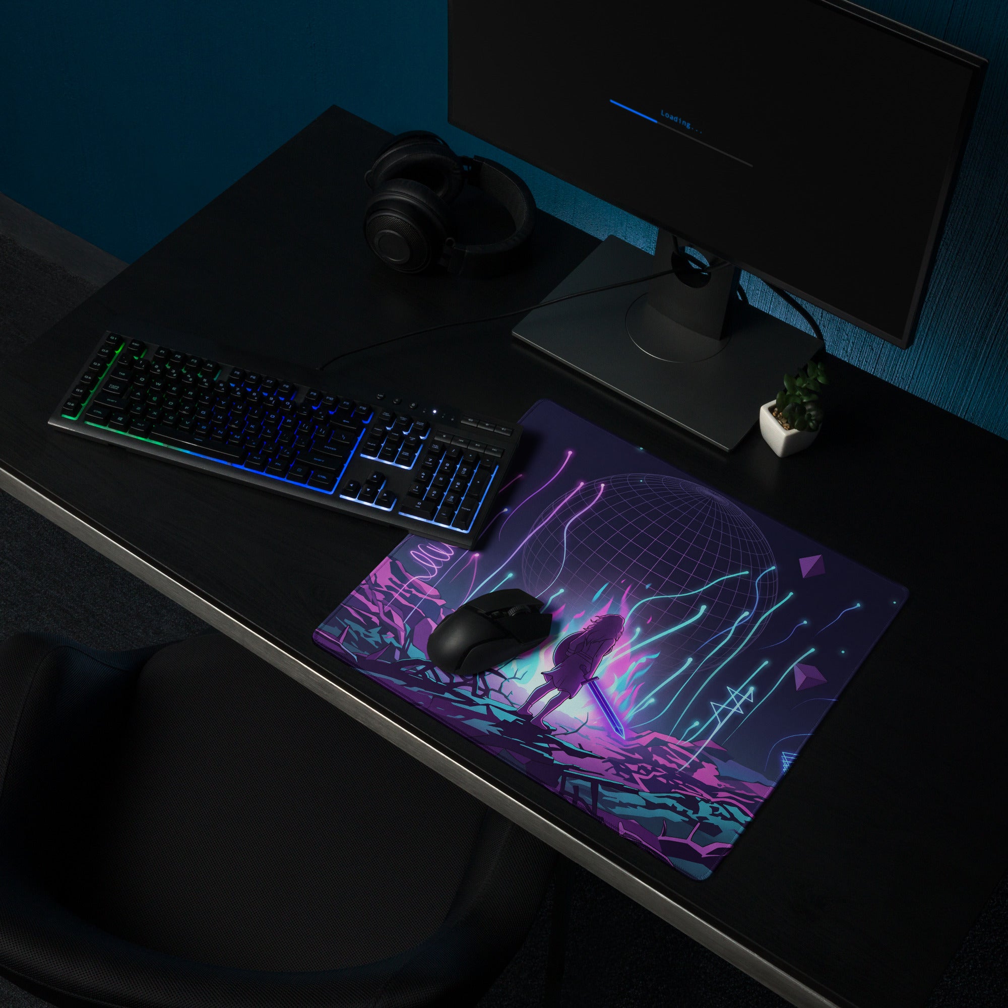 Neon vaporwave mouse pad featuring a vibrant purple and blue cosmic design with a futuristic silhouette and glowing sword