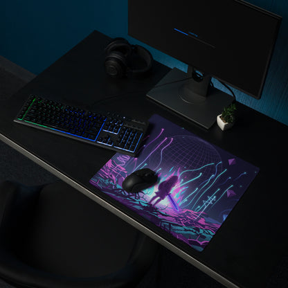 Neon vaporwave mouse pad featuring a vibrant purple and blue cosmic design with a futuristic silhouette and glowing sword
