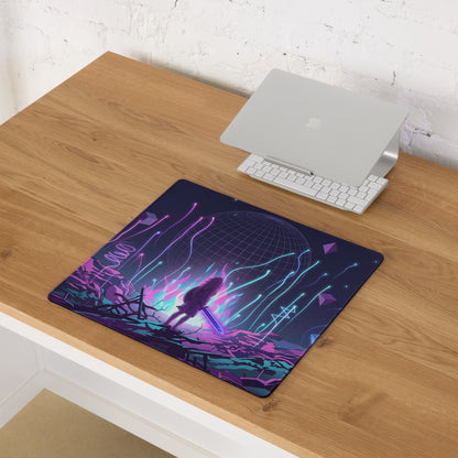 Navy blue rectangular neon vaporwave mouse pad with vibrant glowing purple pink and cyan cyberpunk lines on desk mat