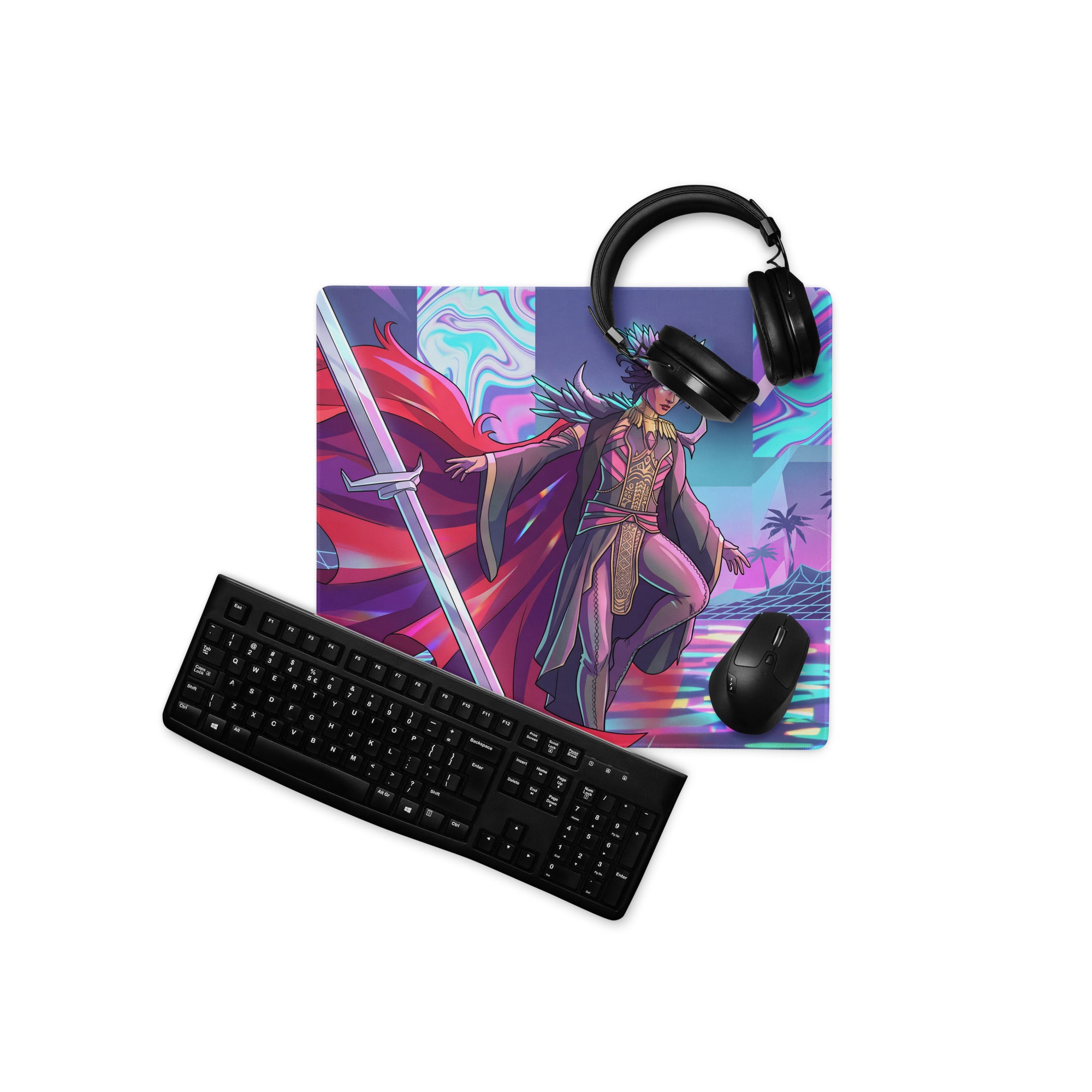 Vibrant purple and pink neon vaporwave warrior mouse pad featuring a fantasy character with flowing red cape and sword