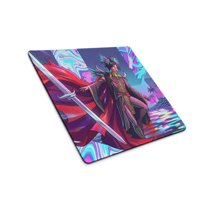 Vibrant square gaming mouse pad with neon purple pink psychedelic background and fantasy warrior in red gold attire holding sword