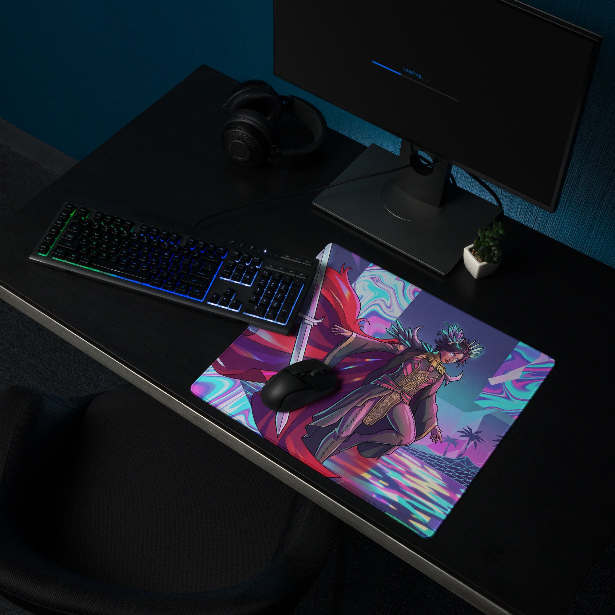 Neon vaporwave warrior mouse pad featuring a vibrant neon pink and purple fantasy character with flowing cape for gaming desks