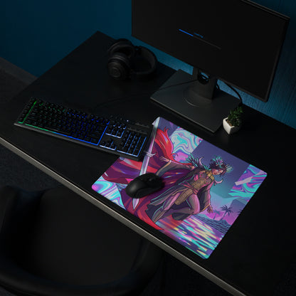 Neon vaporwave warrior mouse pad featuring a vibrant neon pink and purple fantasy character with flowing cape for gaming desks