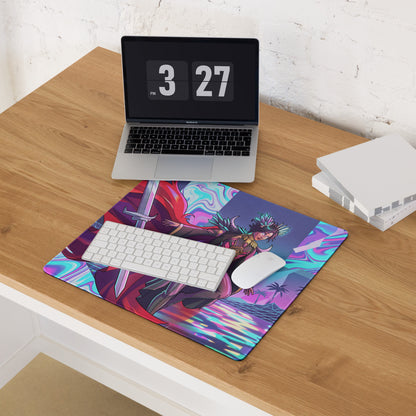 Vibrant neon purple pink gaming mousepad with dynamic fantasy character and swirling vaporwave colors for desk use