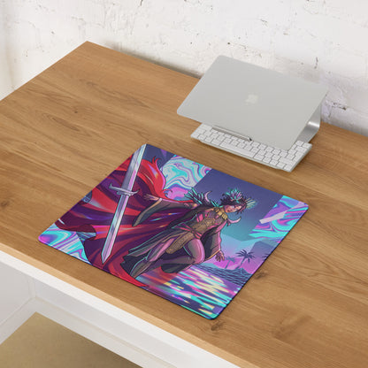 Vibrant rectangular neon vaporwave warrior gaming mouse pad with anime-style warrior and psychedelic purple pink blue background