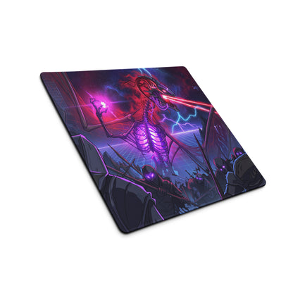 Neon vaporwave skeleton battle pad is a large rectangular gaming mousepad with vibrant purple and pink sci-fi alien design