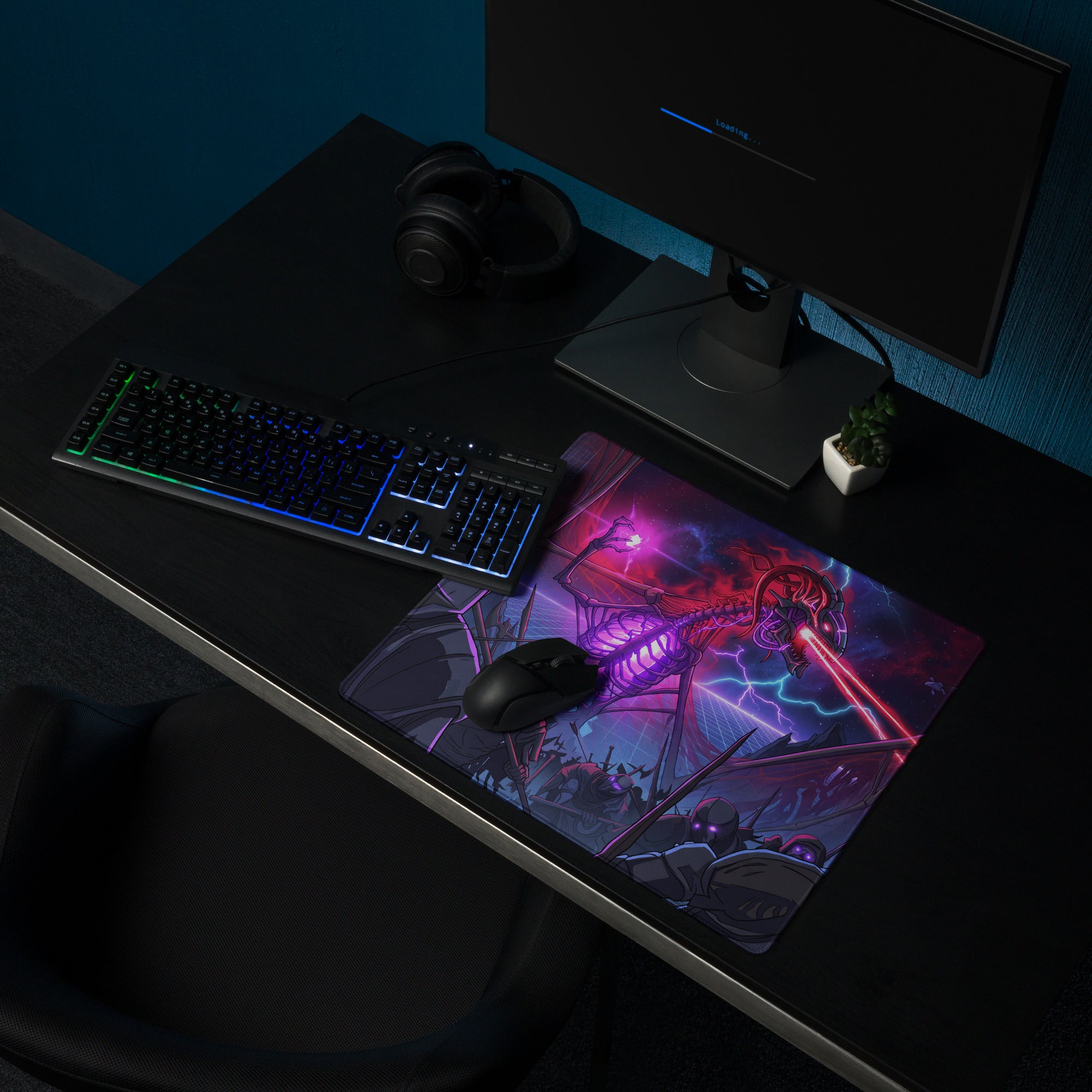 Neon vaporwave skeleton battle pad gaming mousepad in vibrant purple and pink featuring a glowing sci-fi battle scene