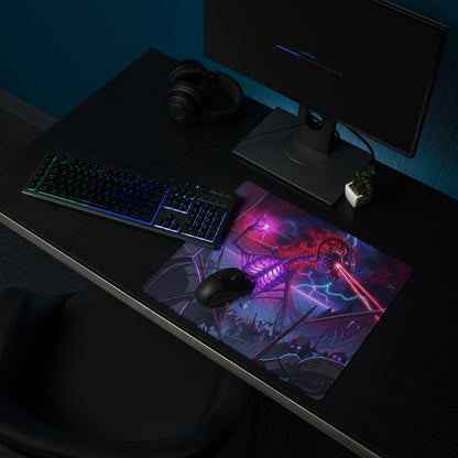 Neon vaporwave skeleton battle pad gaming mousepad in vibrant purple and pink featuring a glowing sci-fi battle scene