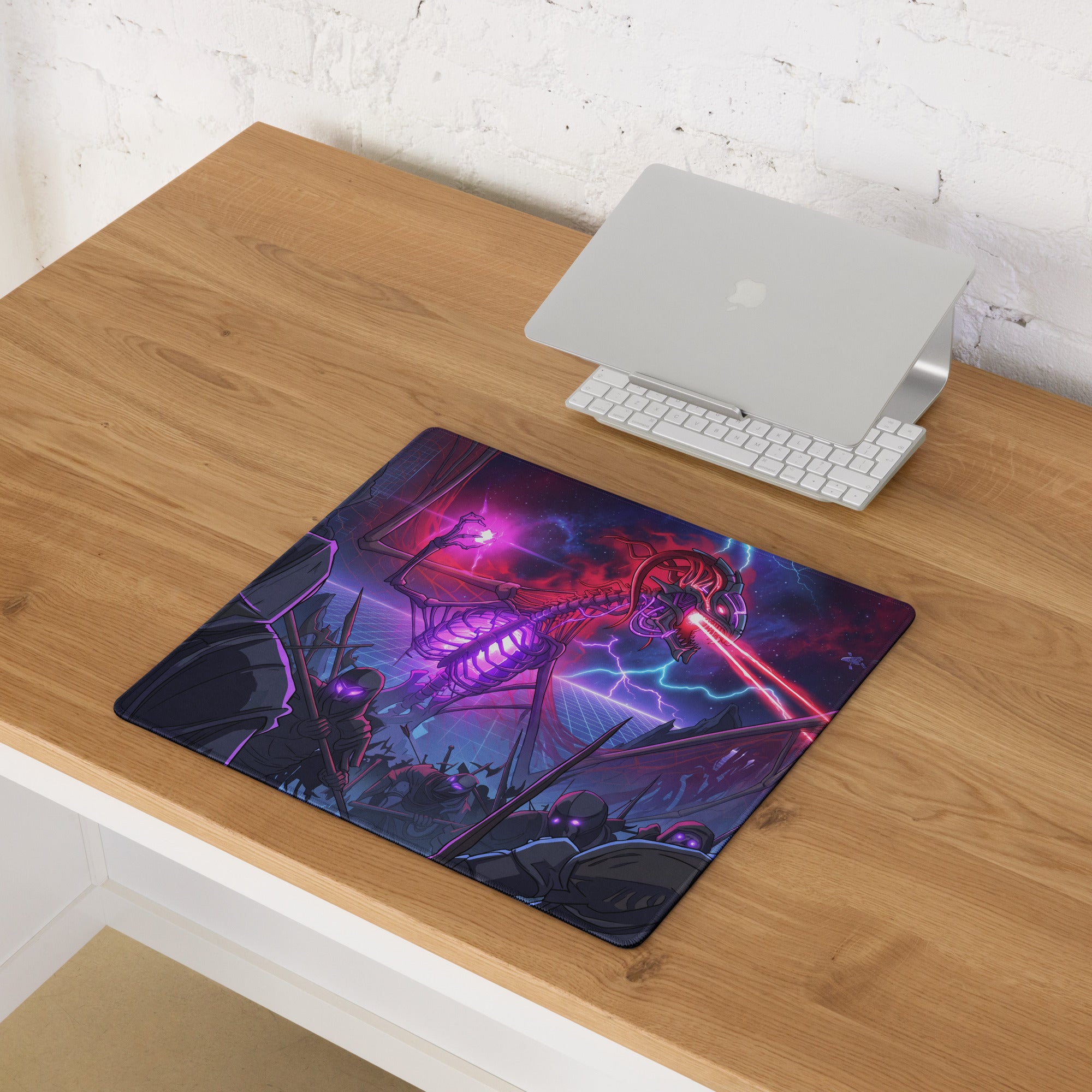 Neon vaporwave skeleton battle pad gaming mousepad featuring a vibrant purple and red skeletal warrior with laser sword design