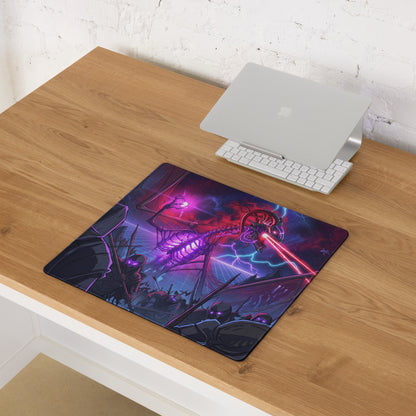 Neon vaporwave skeleton battle pad gaming mousepad featuring a vibrant purple and red skeletal warrior with laser sword design