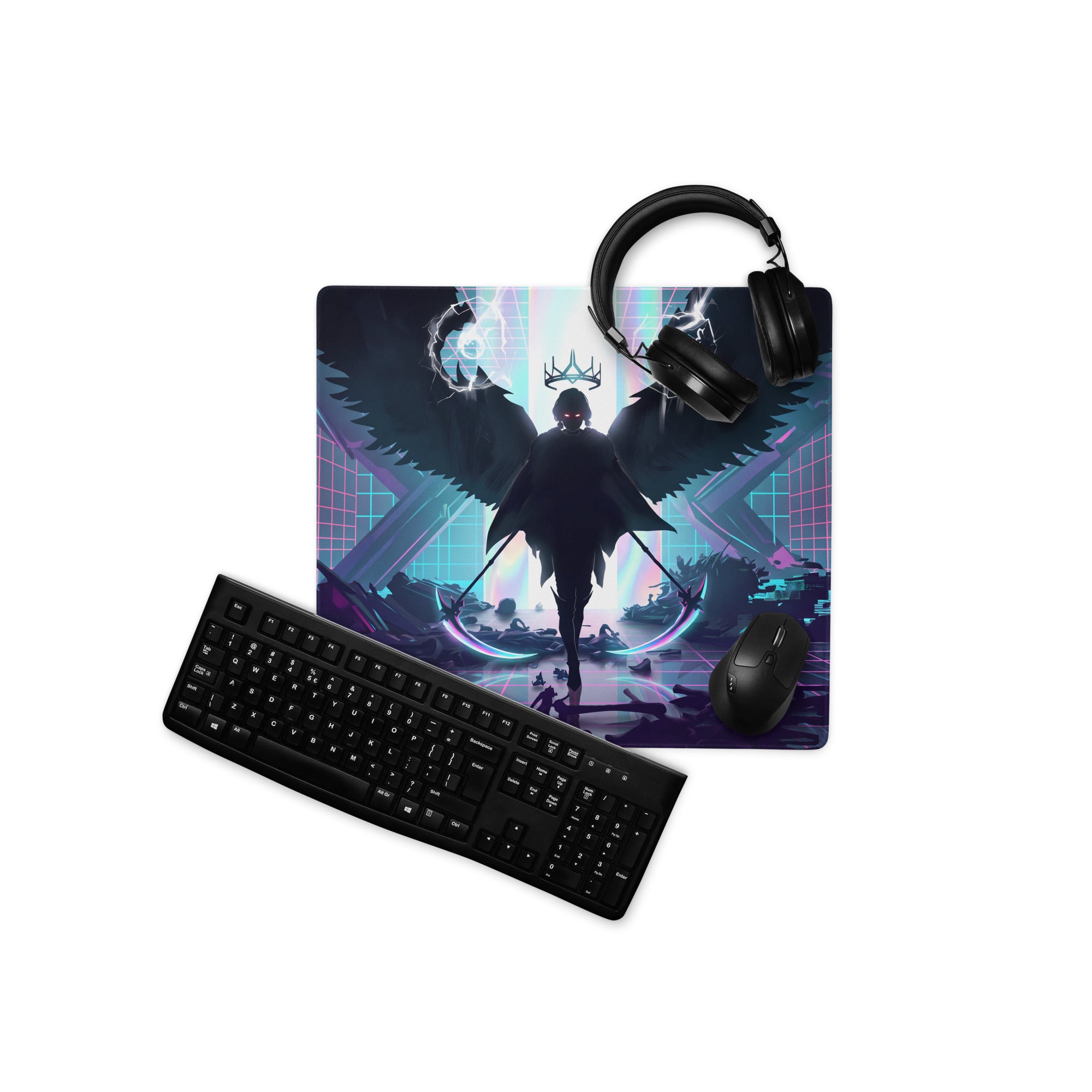 Black gaming mousepad with vibrant cyberpunk neon angel and futuristic cityscape for vaporwave style gaming setup