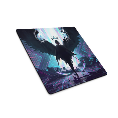 Neon vaporwave winged pad gaming mousepad with nebula theme dark angel silhouette and glowing pink purple blue cyberpunk grid