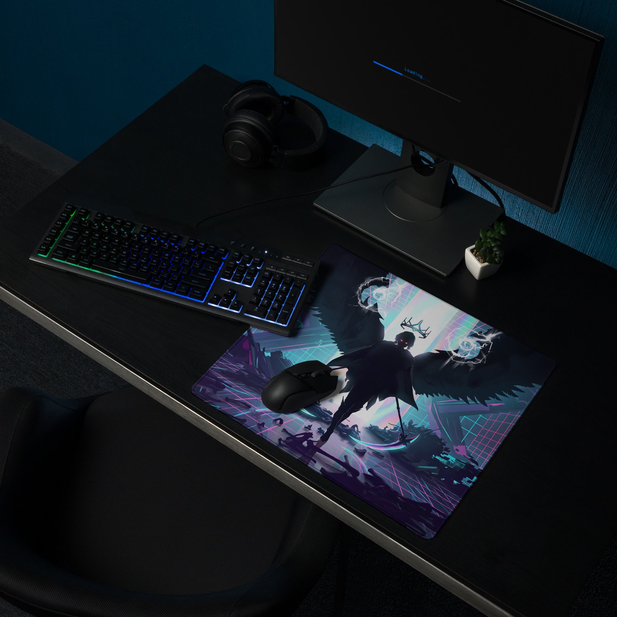 Neon vaporwave winged pad gaming mousepad with dark-winged figure on neon-lit pink purple blue cyberpunk design