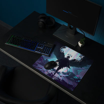 Neon vaporwave winged pad gaming mousepad with dark-winged figure on neon-lit pink purple blue cyberpunk design