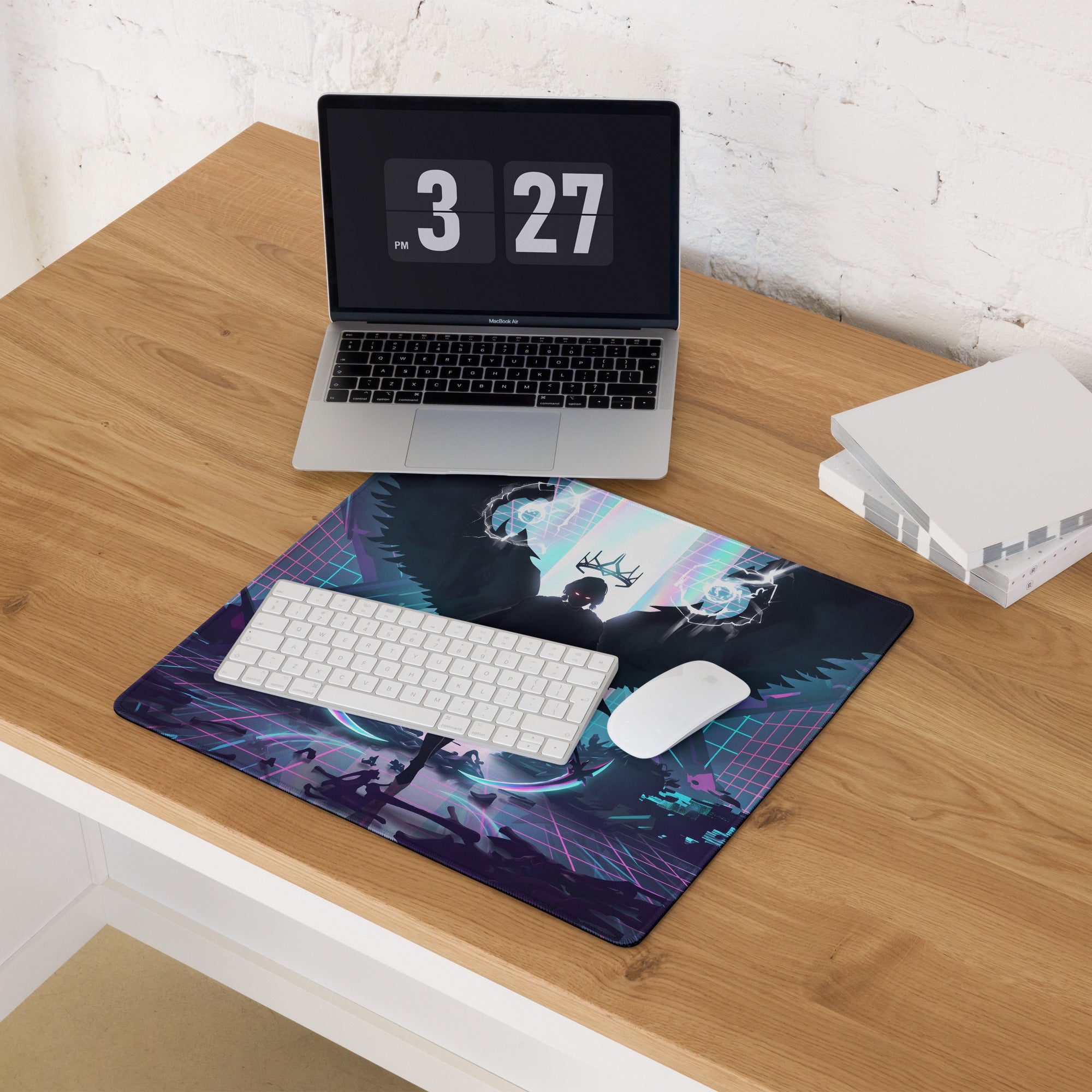 Neon vaporwave winged pad navy blue and teal cyberpunk gaming mousepad with glowing neon grid retro design