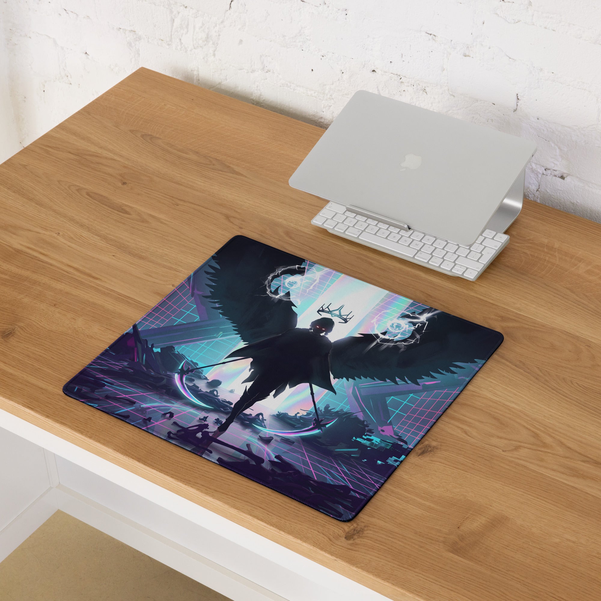 Neon vaporwave winged pad rectangular gaming mousepad with dark angel silhouette on teal purple cyberpunk background