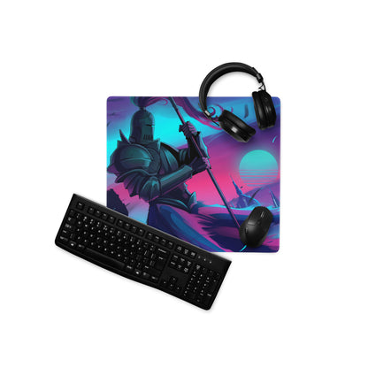 Neon knight vaporwave mouse pad with vibrant neon pink and teal featuring a dark armored knight at sunset background