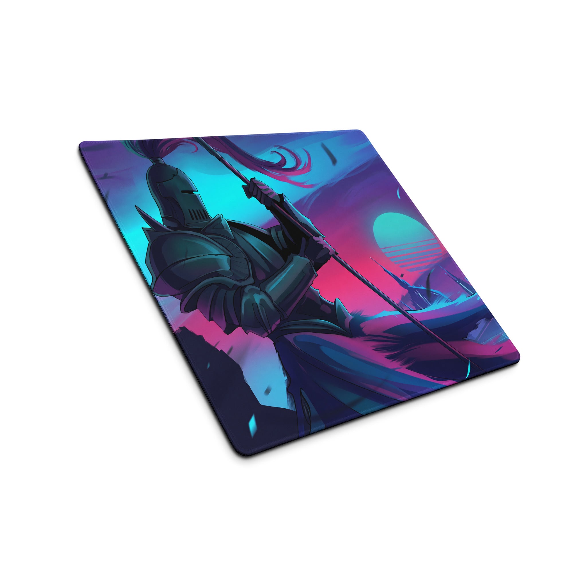 Vibrant neon pink and teal gaming mouse pad featuring a stylized armored knight in dark metallic armor with spear