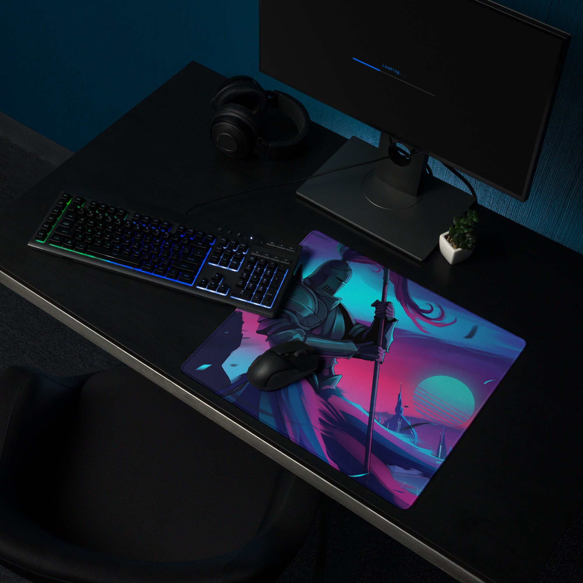 Neon knight vaporwave mouse pad with vibrant neon pink and teal colors featuring a stylized knight character