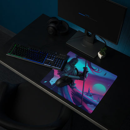 Neon knight vaporwave mouse pad with vibrant neon pink and teal colors featuring a stylized knight character