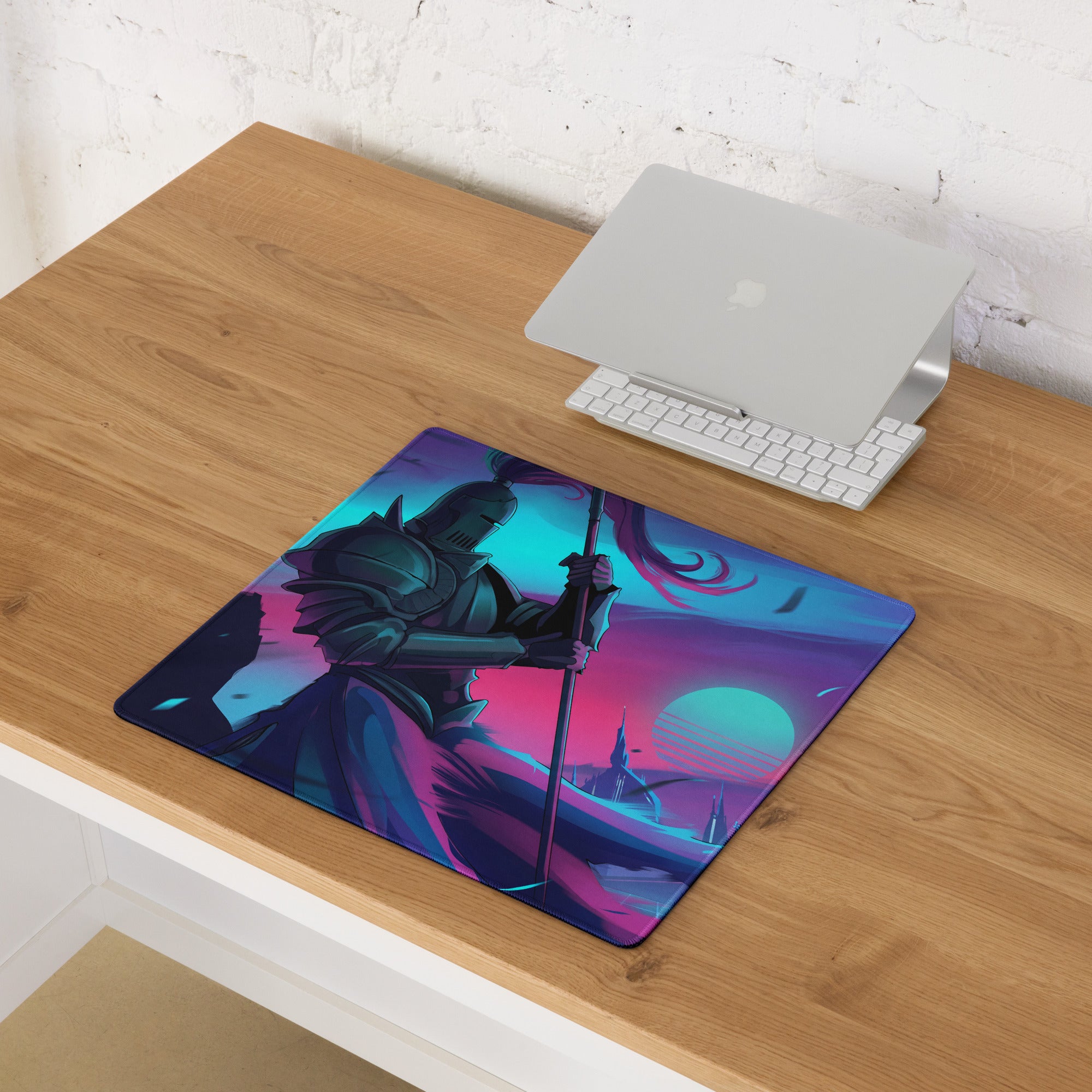 Neon knight vaporwave mouse pad with vibrant neon pink and teal fantasy knight design and glossy finish for gaming desk