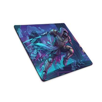 Neon vaporwave gamer pad featuring a vibrant neon purple and pink gaming mousepad with a futuristic armored character design