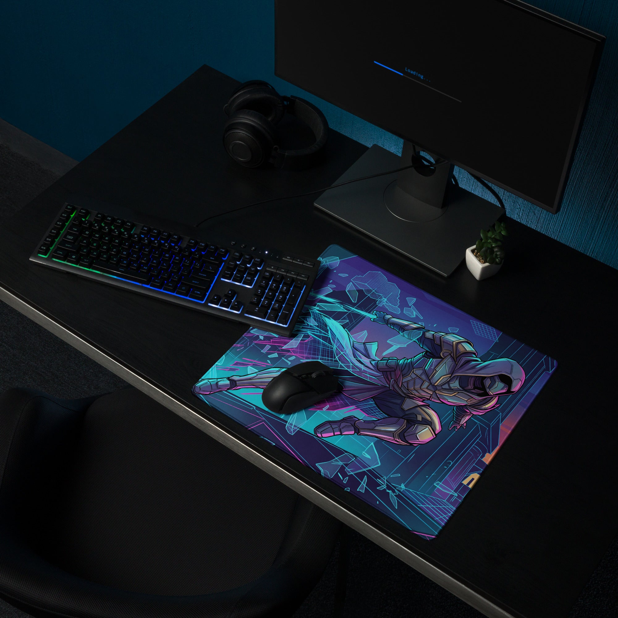 Neon vaporwave gamer pad a rectangular mousepad with a vibrant teal and purple futuristic character and neon accents