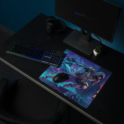 Neon vaporwave gamer pad a rectangular mousepad with a vibrant teal and purple futuristic character and neon accents