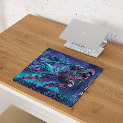 Neon vaporwave gamer mouse pad with vibrant purple and teal sci-fi character design for cyberpunk desk setups