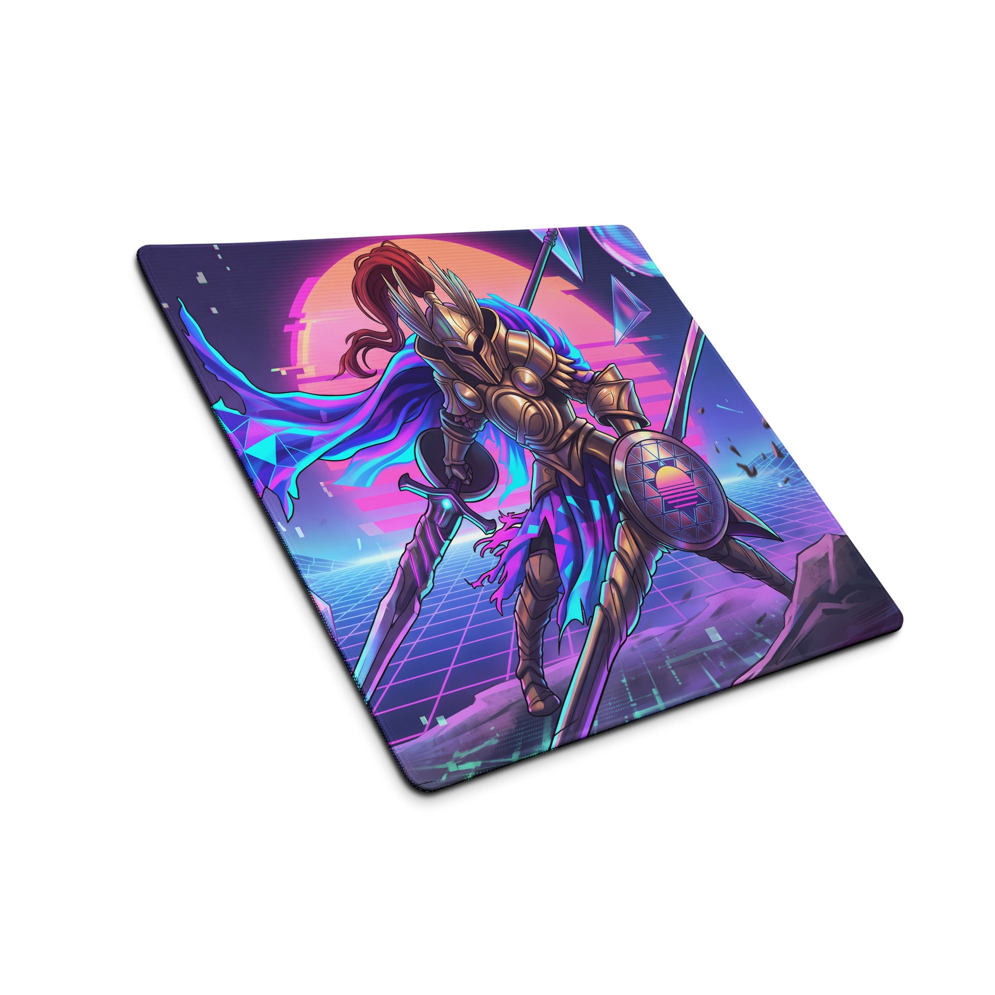 Vaporwave knight mouse pad with metallic gold armor and glowing blue purple neon accents on retro-futuristic sunset background