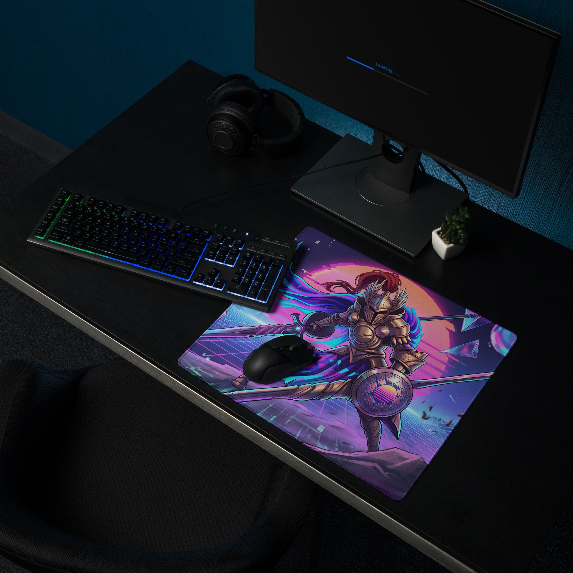 Vibrant neon pink and purple vaporwave knight mouse pad featuring an armored warrior with sword and shield cosmic design