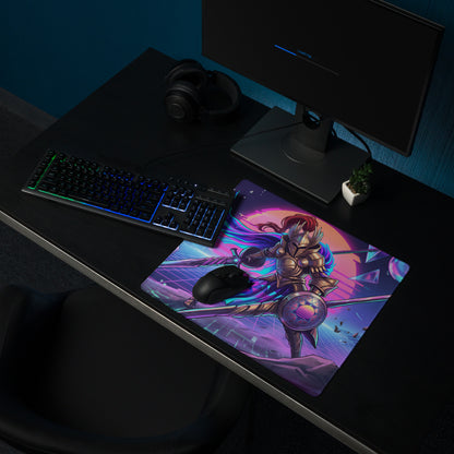 Vibrant neon pink and purple vaporwave knight mouse pad featuring an armored warrior with sword and shield cosmic design