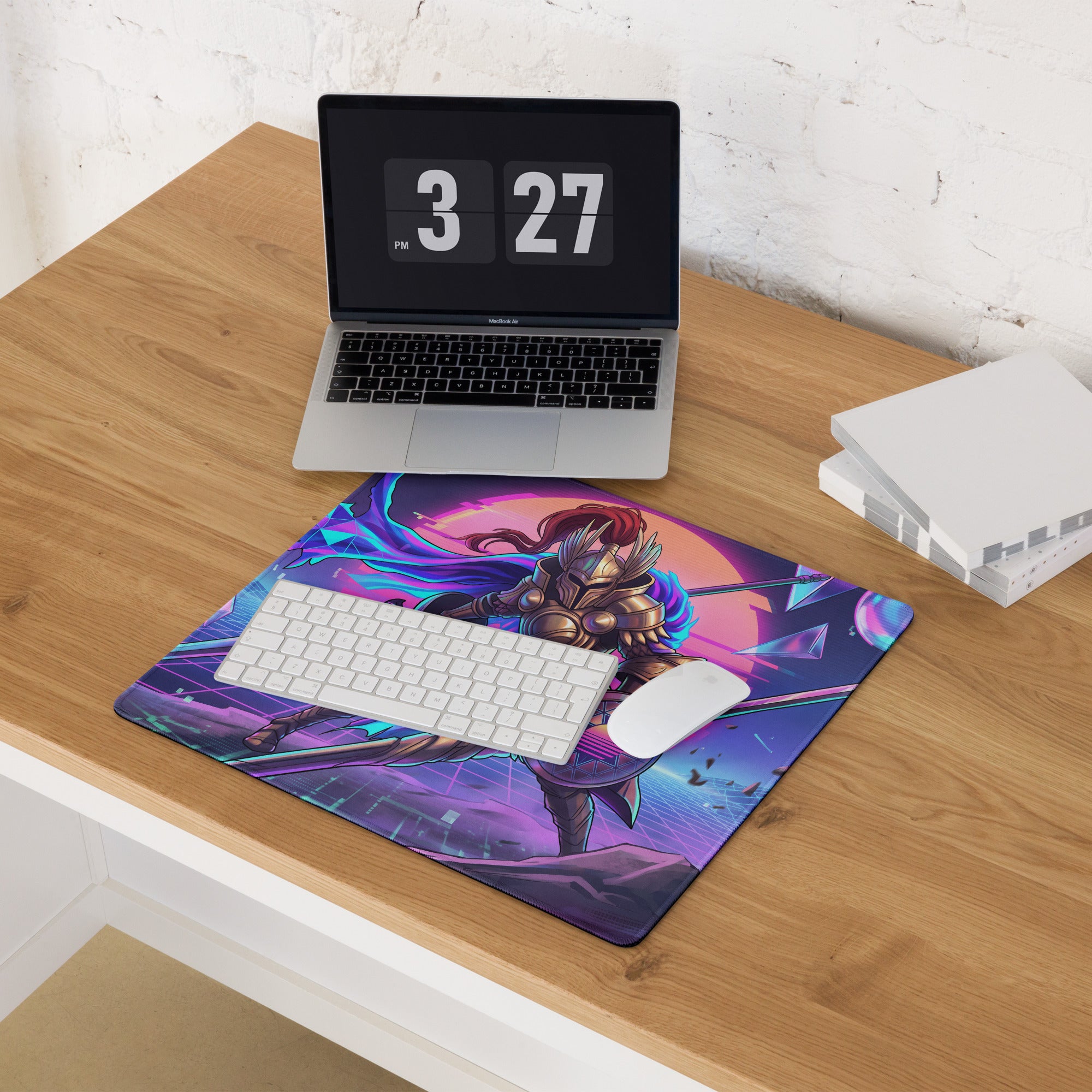 Vaporwave knight mouse pad with vibrant purple blue fantasy warrior design glossy finish for gaming desk use