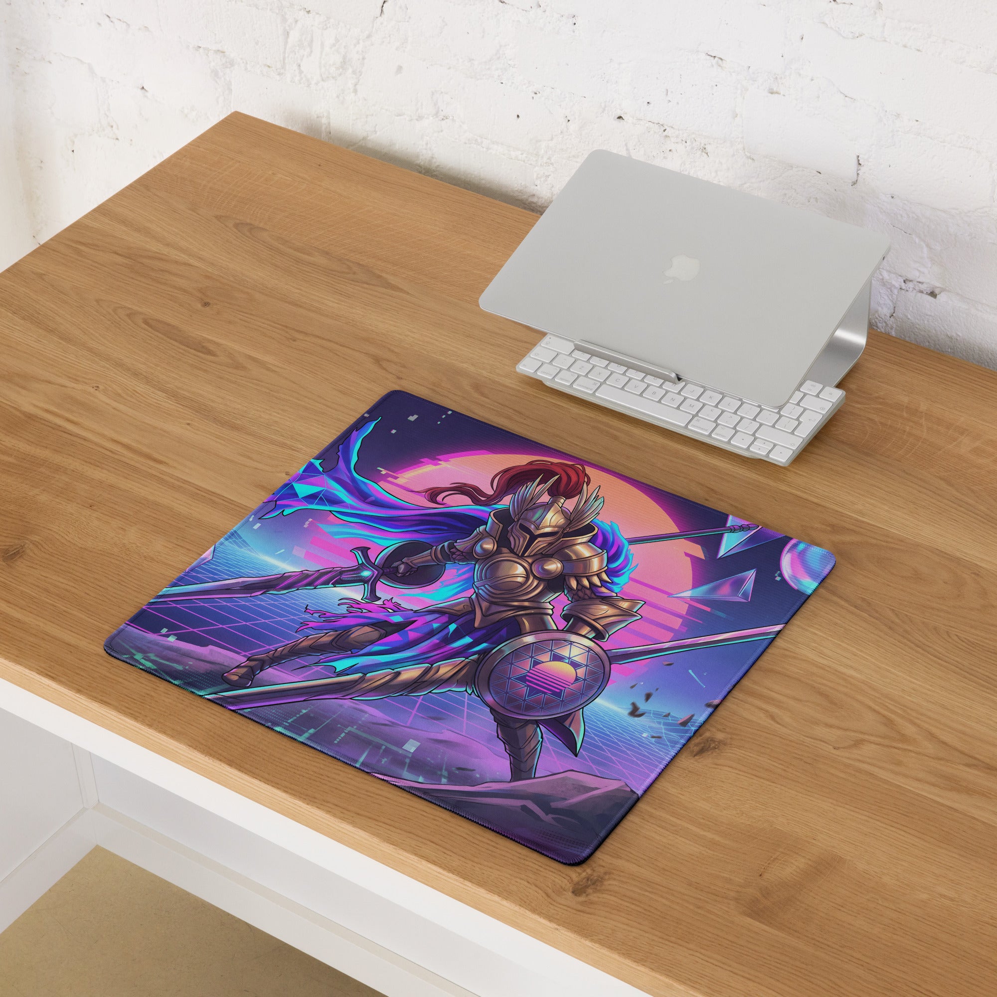Vibrant purple and blue vaporwave knight gaming mouse pad featuring golden armored knight and neon sunset backdrop