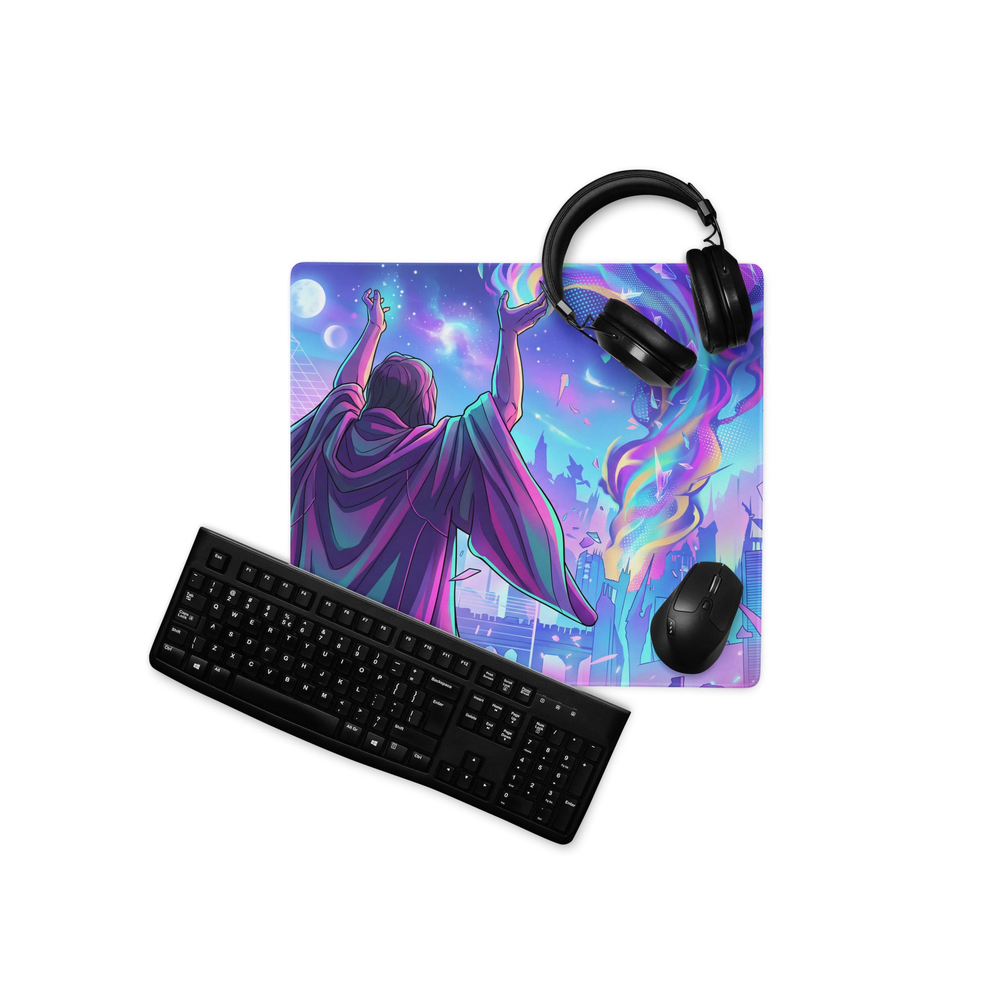 Neon vaporwave gaming mouse pad with vibrant purple and blue cosmic design featuring a robe figure reaching nebulae